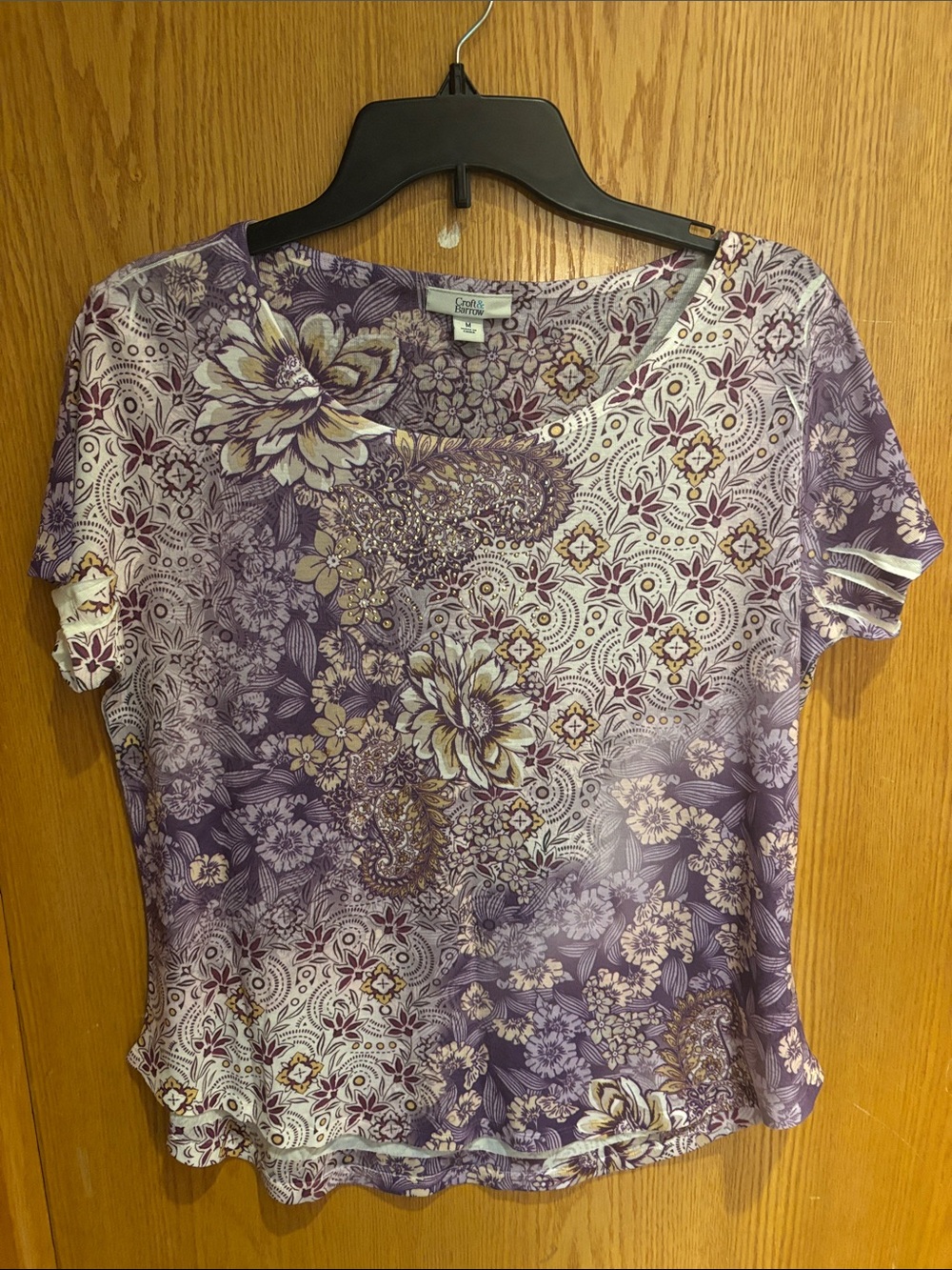 Croft & Barrow, lilac and white floral print short sleeve blouse, Medium